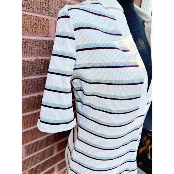 Free People Striped Ribbed V-Neck Polo Shirt With Short Sleeves.Size Small - Picture 5 of 14